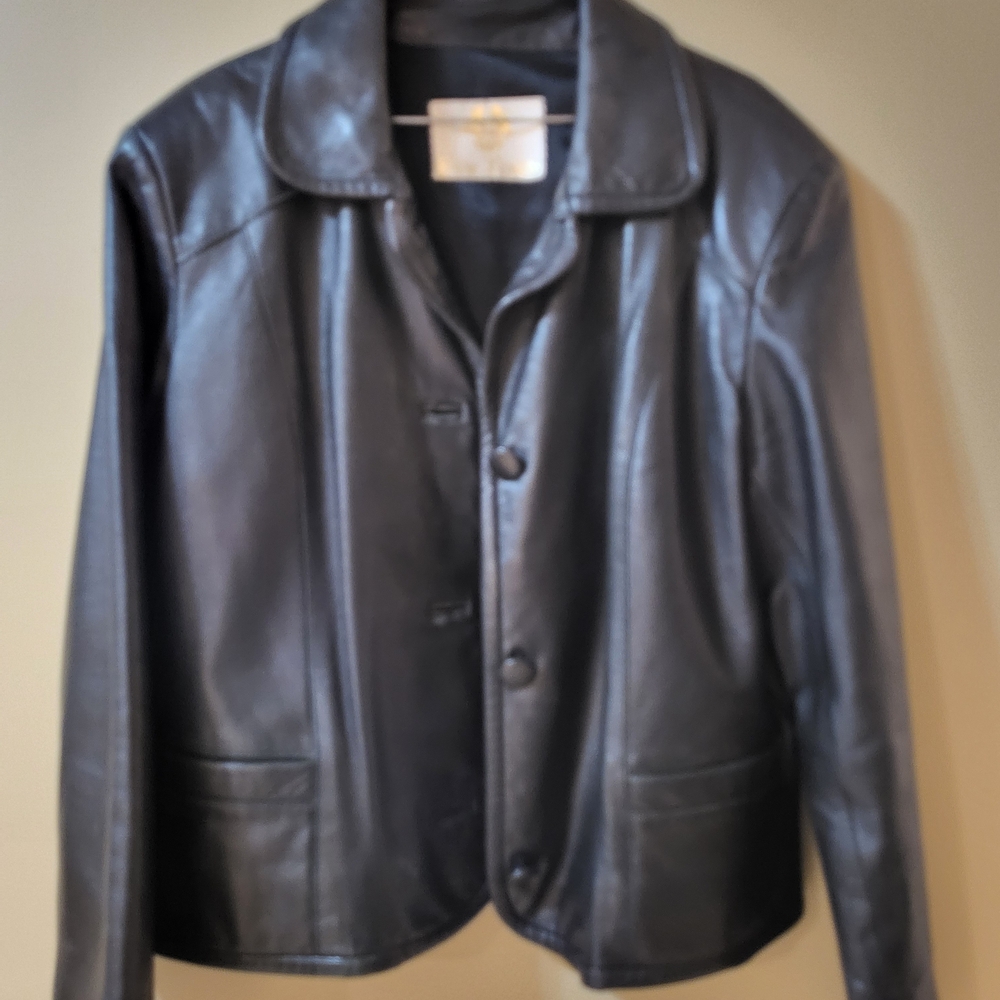 Black Leather Button-Front Women's Jacket